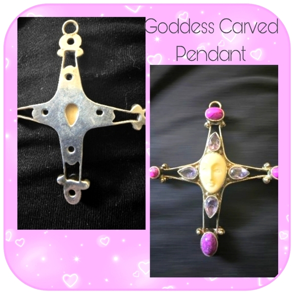 Goddess Carved Face Pendant, Sterling Silver, MultiGemstone, Vintage, EUC - Picture 2 of 8